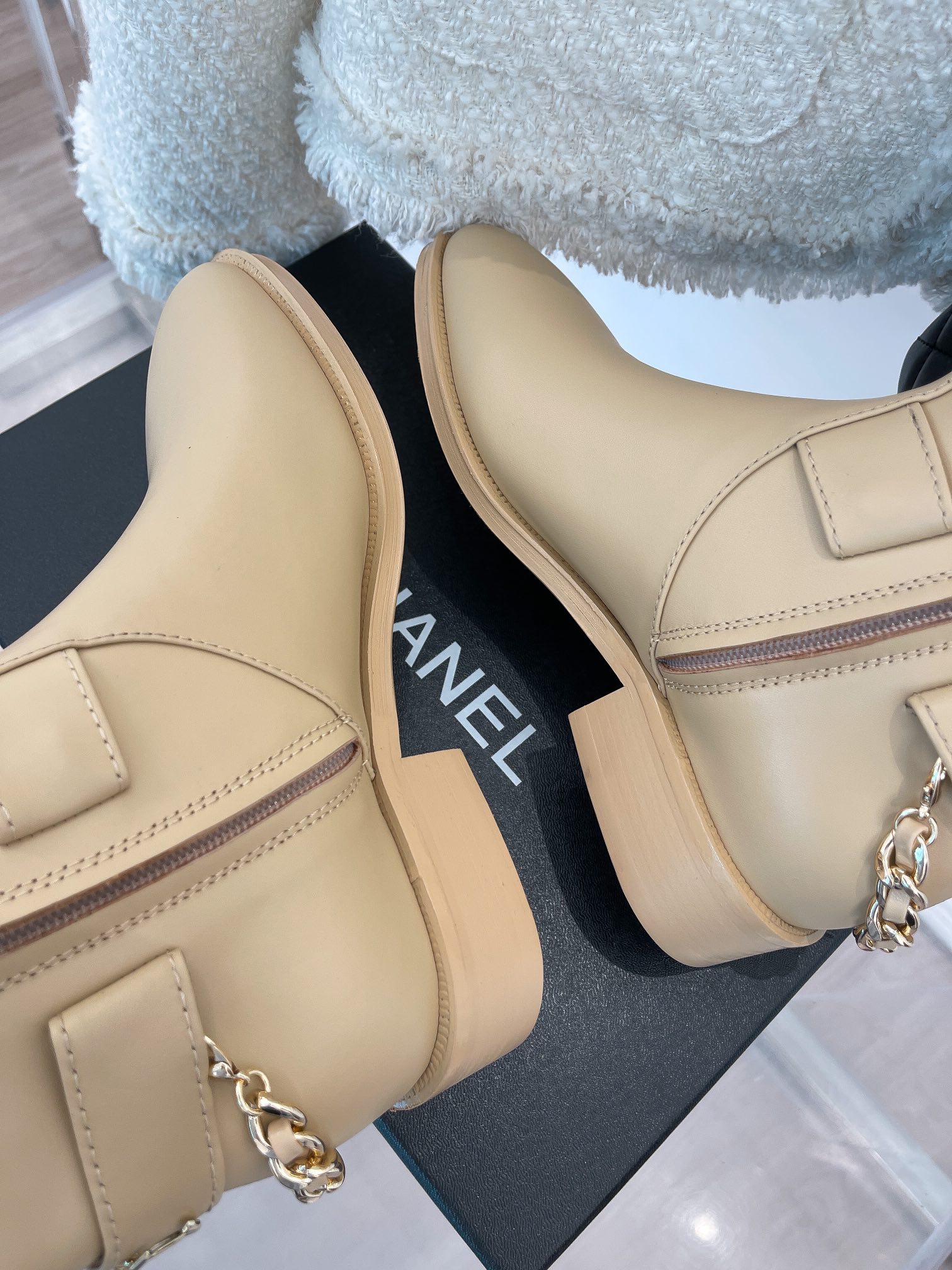 Ch**el Women’s Ankle Boots With Chain Beige For Women 1.5in/ 4cm