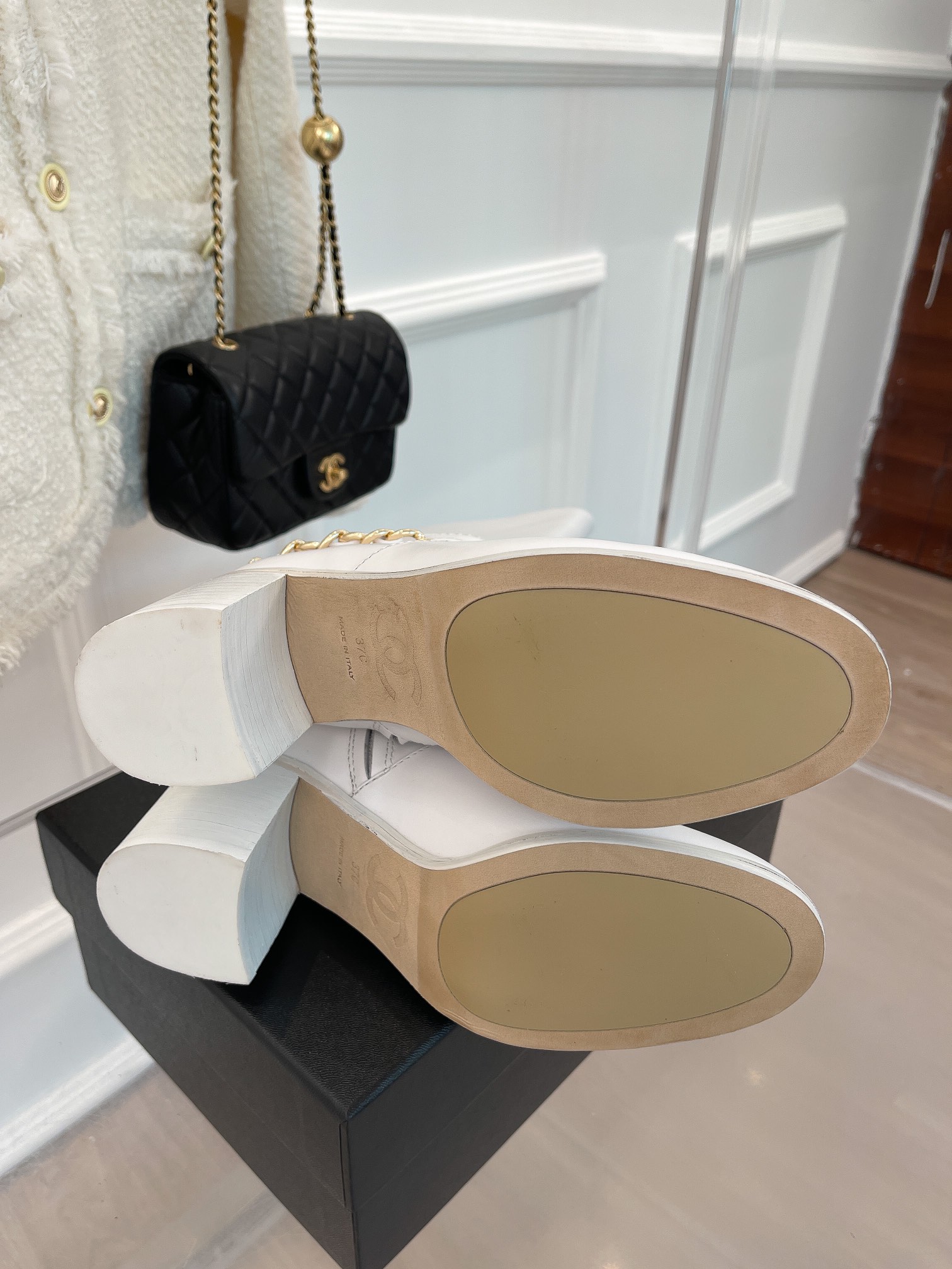 Ch**el Women’s High Boots With Chain White For Women 3.7in/ 9.5cm