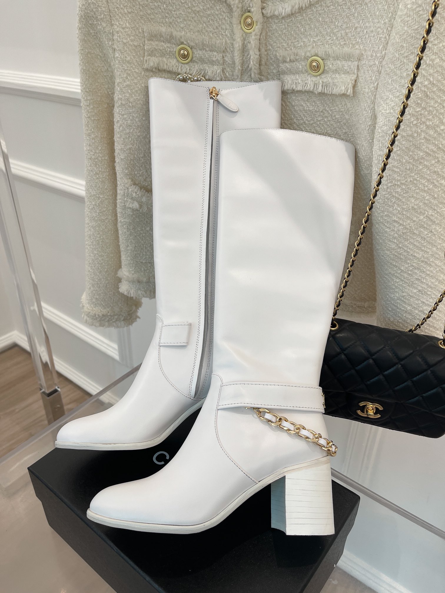 Ch**el Women’s High Boots With Chain White For Women 3.7in/ 9.5cm