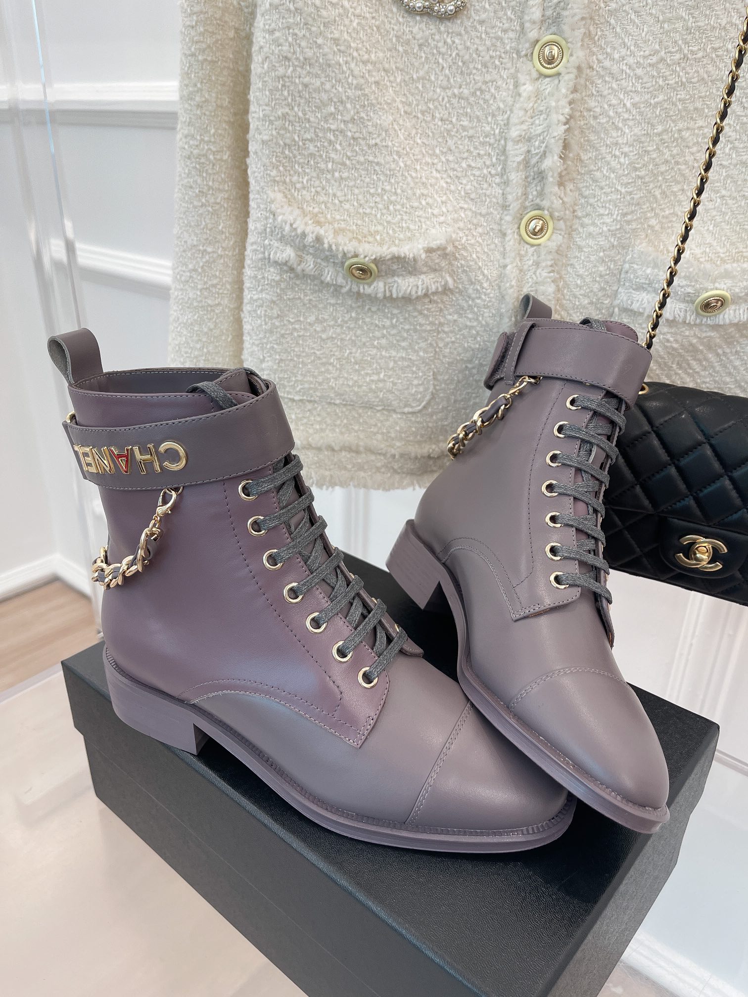 Ch**el Women’s Lace-Up With Chain Light Violet For Women 1.5in/4cm